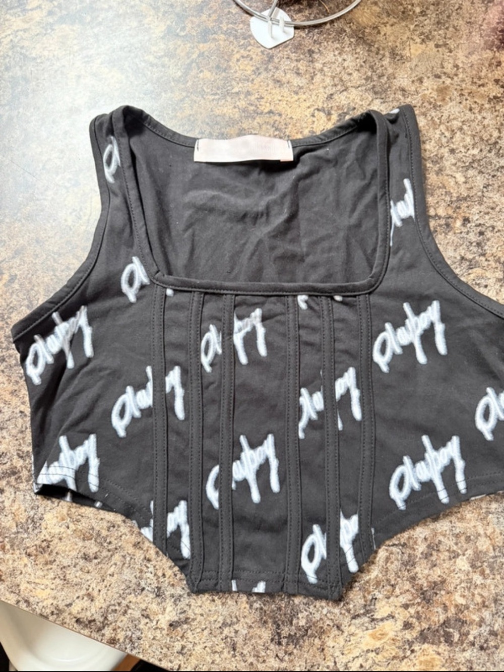 PLAYBOY Black Script-Logo Corset-Style Crop Tank